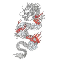 Fototapeta premium Traditional Chinese Dragon Tattoo with Flames and Cloud Motifs on White Background 