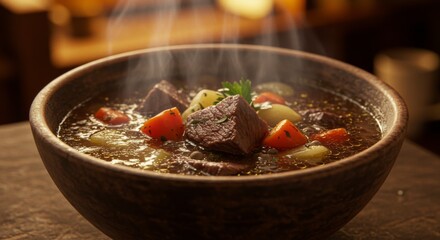 Warm Beef Stew in Rustic Brown Bowl