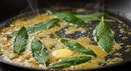 Sage Leaves Sizzling in Brown Butter in a Black Pan