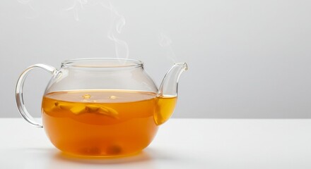 Steaming Hot Tea in Glass Teapot on White Background