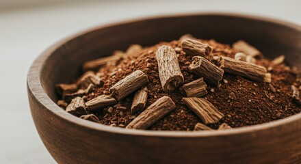 Brown Herbal Powder in Wooden Bowl Close Up