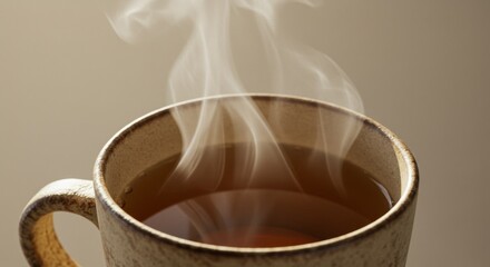 Steaming Cup of Brown Tea in Beige Mug