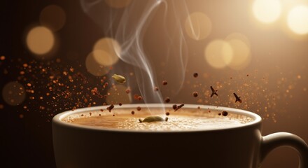 Steaming Cup of Spiced Coffee with Warm Bokeh Lights