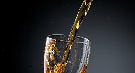 Amber Liquid Pouring into Glass on Dark Background
