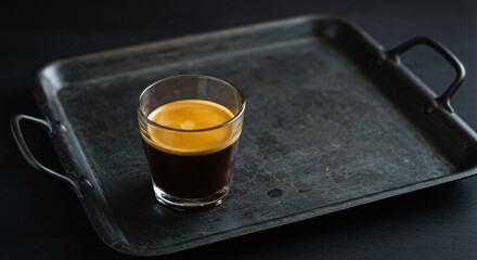 Espresso in Glass on Rustic Metal Tray