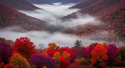 Vibrant Autumn Foliage in Misty Mountain Valley