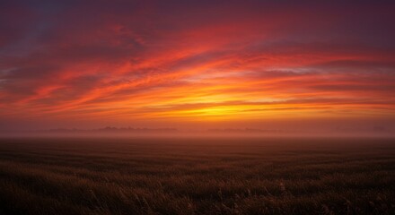 Vibrant Sunset Over Foggy Field
