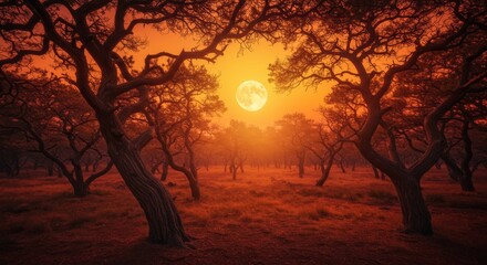 Full Moonrise Over Autumnal Forest at Sunset