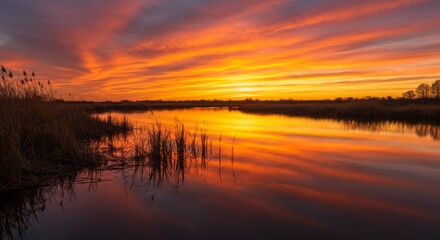 Vibrant Orange Sunset Reflecting on Calm Lake Water