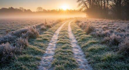 Frosty Field Path at Sunrise