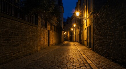 Cobblestone Alleyway at Night in European City