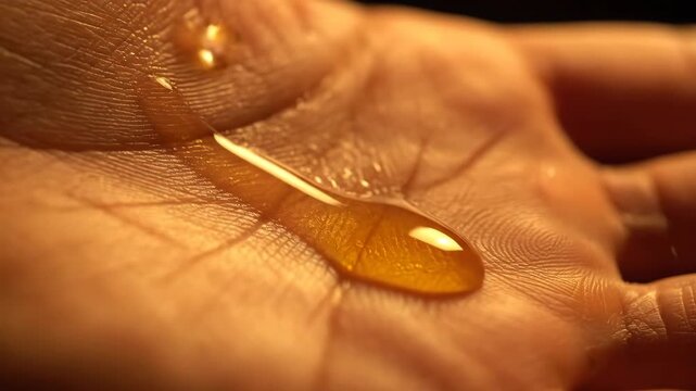 Close-up of a golden viscous liquid being gently poured onto the palm of a hand.