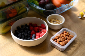 Health food raspberry and blueberry with almond and grain, Top view and copy space