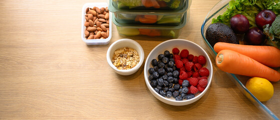 Health food raspberry and blueberry with almond and grain, Top view and copy space