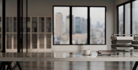 Empty white office table with city view on windows, 3D rendered