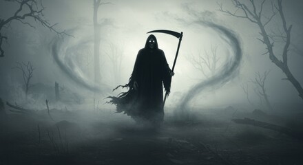 Silhouette of Grim Reaper in Foggy Forest