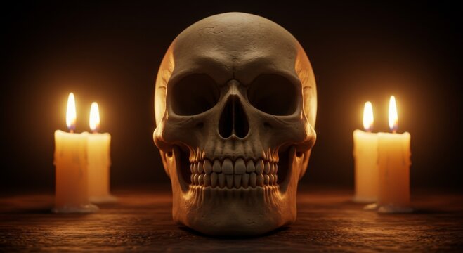 Human Skull with Burning Candles in Dark Setting
