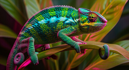 Obraz premium colorful chameleon climbing tropical leaves, neon pink and purple lighting