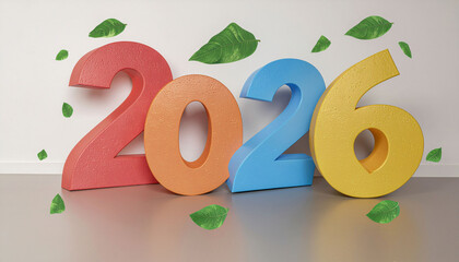 Vibrant 3D numbers '2026' float playfully with scattered green leaves, symbolizing growth and new beginnings for the upcoming year