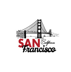 San Francisco California City Line Art Design, Minimal Urban Illustration with Golden Gate Bridge and Cityscape Typography