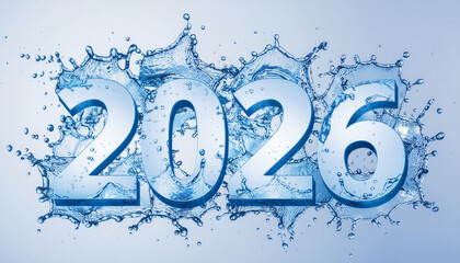 Dynamic 2026 numbers explode with refreshing water splashes, signifying new beginnings and vibrant future opportunities.