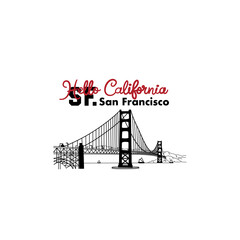 San Francisco California City Line Art Design, Minimal Urban Illustration with Golden Gate Bridge and Cityscape Typography