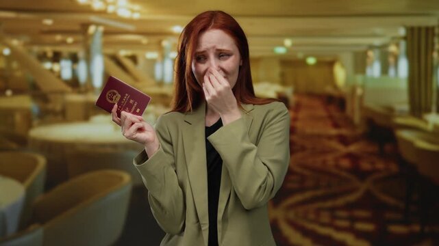 Woman with red hair holds a chinese passport, looking displeased in a restaurant, indicating a bad smell indoors.