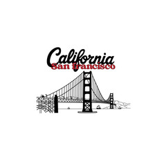 San Francisco California City Line Art Design, Minimal Urban Illustration with Golden Gate Bridge and Cityscape Typography
