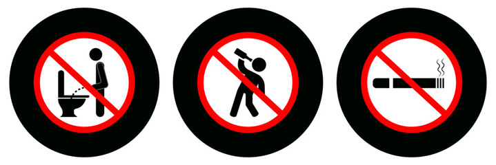 no urinating, drinking or smoking prohibited vector sign illustration, No drinking no smoking vector icon set, No urinating alcohol smoking forbidden icons, No entry action restriction icons vector