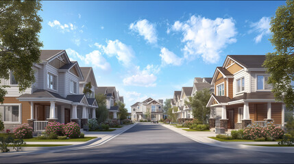 AI-generated image - Modern suburban housing area with neat rows of homes, green lawns, and a bright blue sky.