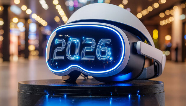 Immersive virtual reality headset displays futuristic 2026 digital year, hinting at advanced technology and future innovation