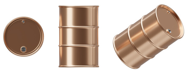 New copper barrel. Set of views, isolated on a transparent background. 3D Illustration.