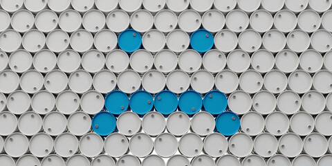Sad smiley symbol made from blue and white metal barrels, isolated on a transparent background. 3D Illustration.