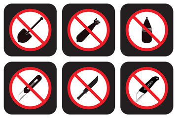No weapons allowed prohibited items icon vector set for safety and security signs, No prohibited items allowed vector set, No entry for dangerous tools icons, Banned article warning symbol pack