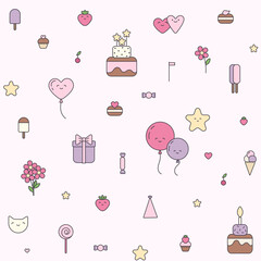 Festive pattern. Cartoon cakes, cute balloons, cupcakes, candies, stars, and ice cream.