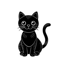 Cartoon black cat with big eyes on transparent background silhouette