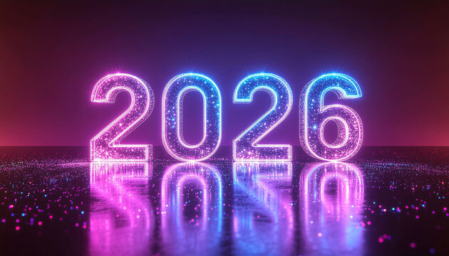 Vibrant neon year 2026 glowing with magical particles and shimmering reflections, ushering in a futuristic celebration. - Powered by Adobe
