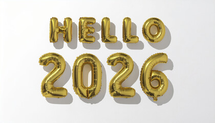 Golden balloons spell out "HELLO 2026", welcoming the new year with festive cheer and bright, celebratory vibes for any upcoming event or announcement.