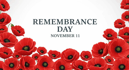 Remembrance Day illustration with red poppy flowers and text on white background.