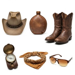 A collection of cowboy accessories including a hat, boots, bandana, canteen, compass, and sunglasses, evoking a western theme.