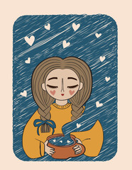 A little girl in a line sketch style, holding a mug from which hearts are flying out, creating an atmosphere of coziness and love. A simple, elegant illustration for warm and romantic projects.
