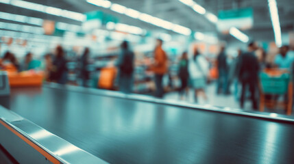 lurred View of Supermarket Checkout Conveyor Belt and Anonymous Shoppers, Generative AI