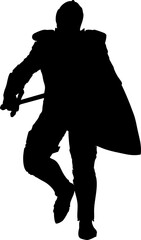Fototapeta premium Silhouette of a medieval knight in a battle stance, holding a sword and a large shield. Ideal for fantasy themes, historical content, and heroic visual storytelling.