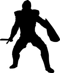 Fototapeta premium Silhouette of a medieval knight in a battle stance, holding a sword and a large shield. Ideal for fantasy themes, historical content, and heroic visual storytelling.