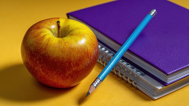 Colorful stationery flat lay featuring a vibrant apple, a blue pencil, and a purple notebook on a bright yellow background, perfect for back to school themes and educational concepts