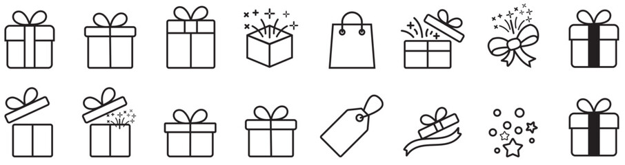Gift box icon set for celebration events, party, birthday, christmas, surprise present, Gift box icon set with ribbon, holiday present vector collection, Gift box icon set with ribbon, holiday present