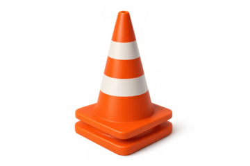 Orange plastic traffic cone with white reflective stripes on its body representing road safety, construction work, and warning