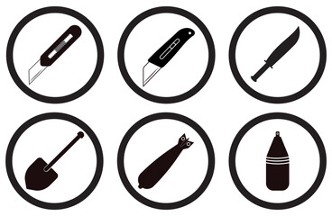 Knife and bomb tool icons set for vector illustrations, Knife weapon silhouette icons vector, Bomb, knife, shovel icon set design, Cutting and explosive weapon silhouette icons, vector icons