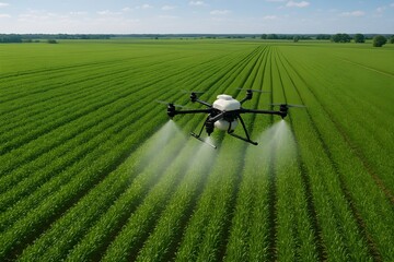 Aerial farming drone spraying fertilizer over green fields