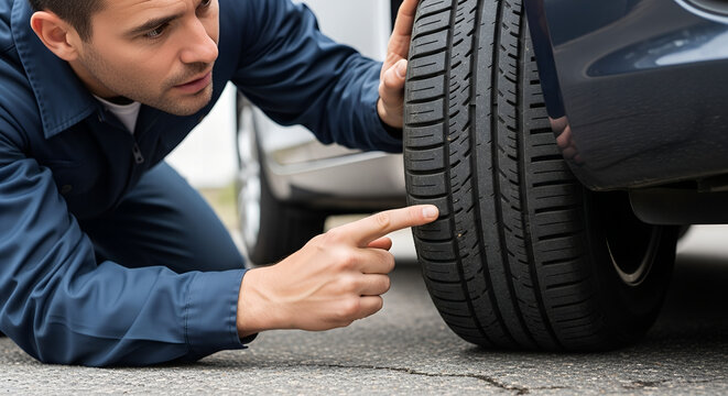 Man inspecting car tire while crouching on asphalt driveway  